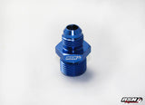 AN8 to M18 adapter for Bosch 044 fuel pump applications in Blue