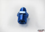 AN8 to M18 adapter for Bosch 044 fuel pump applications in Blue