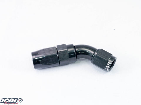 FULL FLOW AN 10 45 DEGREE SWIVEL FITTING FOR BRAIDED RUBBER HOSE IN BLACK