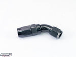 FULL FLOW AN 4 45 DEGREE SWIVEL FITTING FOR BRAIDED RUBBER HOSE IN BLACK